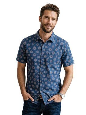 Roark Blue Patterned Sustainable Cotton Shirt Sleeve Button Down Shirt Size L
